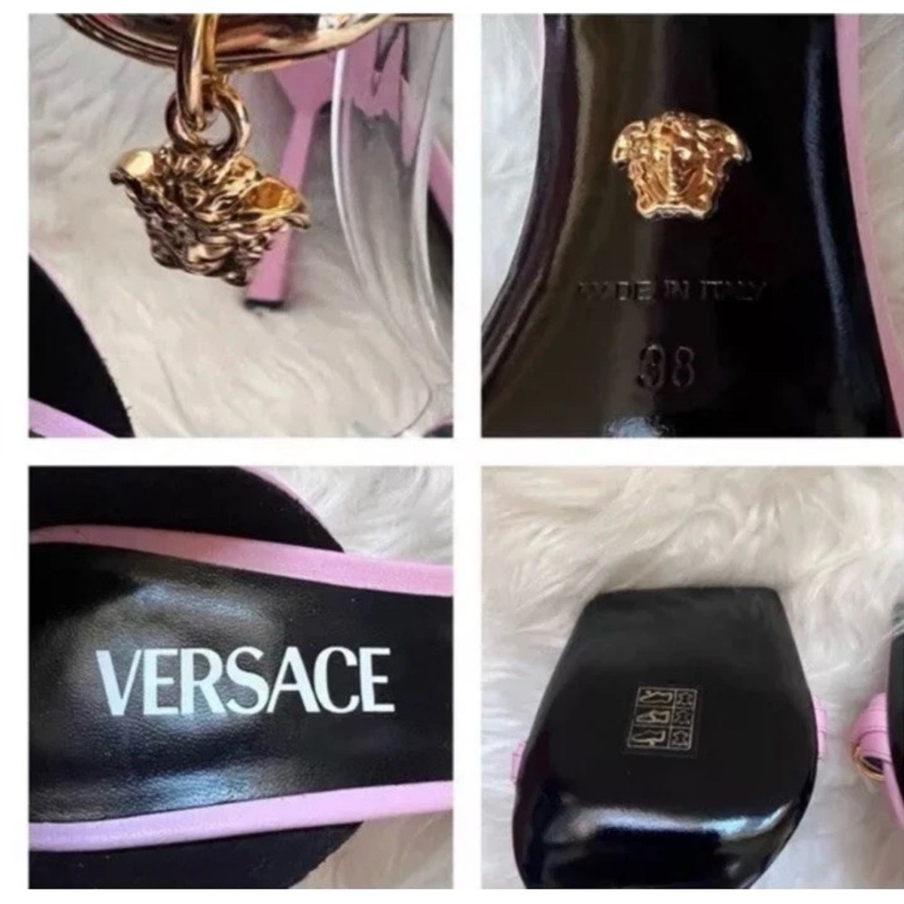 New! VERSACE Medusa Chain Square Toe Heels Pink Leather Gold Hardware Sandals - Picture 15 of 15
